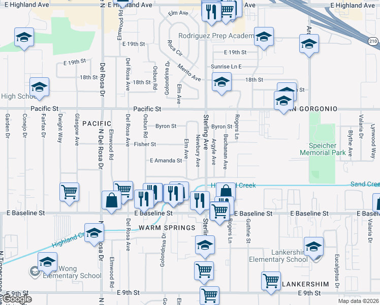 map of restaurants, bars, coffee shops, grocery stores, and more near 7065 Elm Avenue in San Bernardino