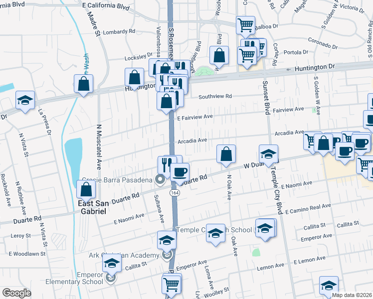 map of restaurants, bars, coffee shops, grocery stores, and more near 9036 Arcadia Avenue in San Gabriel
