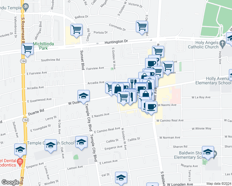 map of restaurants, bars, coffee shops, grocery stores, and more near 1127 Golden West Avenue in Arcadia