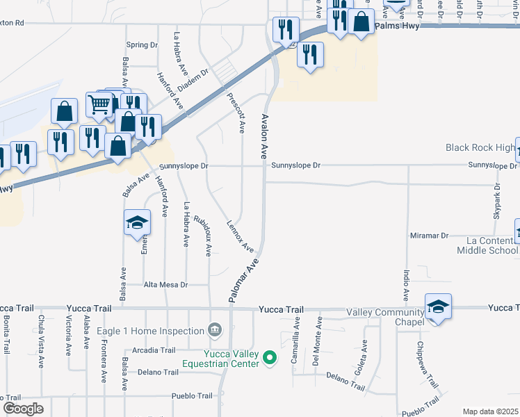 map of restaurants, bars, coffee shops, grocery stores, and more near 7022 Avalon Avenue in Yucca Valley