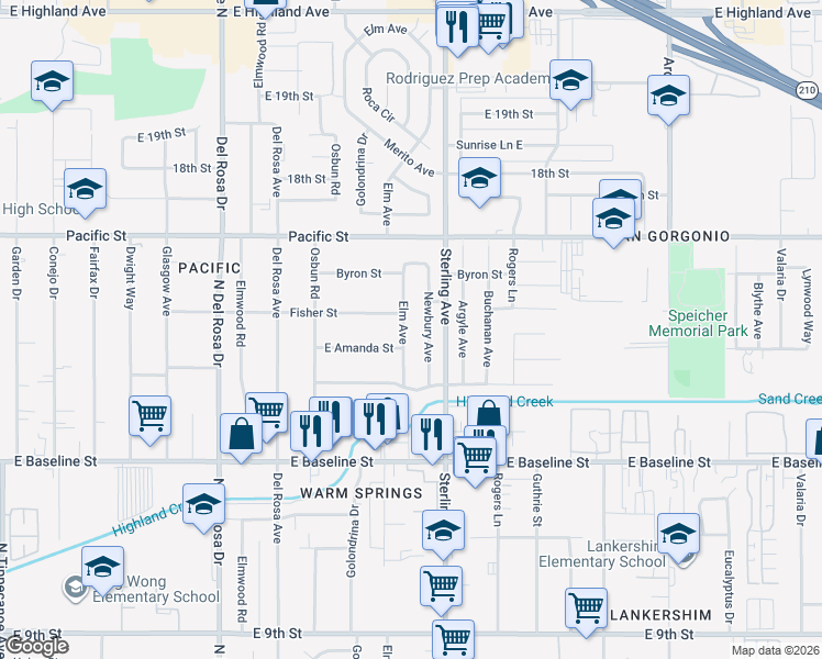 map of restaurants, bars, coffee shops, grocery stores, and more near 7065 Elm Avenue in San Bernardino