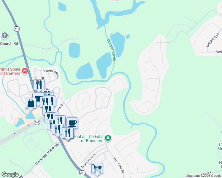 map of restaurants, bars, coffee shops, grocery stores, and more near 6853 Grand Hickory Drive in Braselton