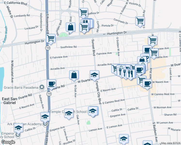 map of restaurants, bars, coffee shops, grocery stores, and more near 1119 West Duarte Road in Arcadia