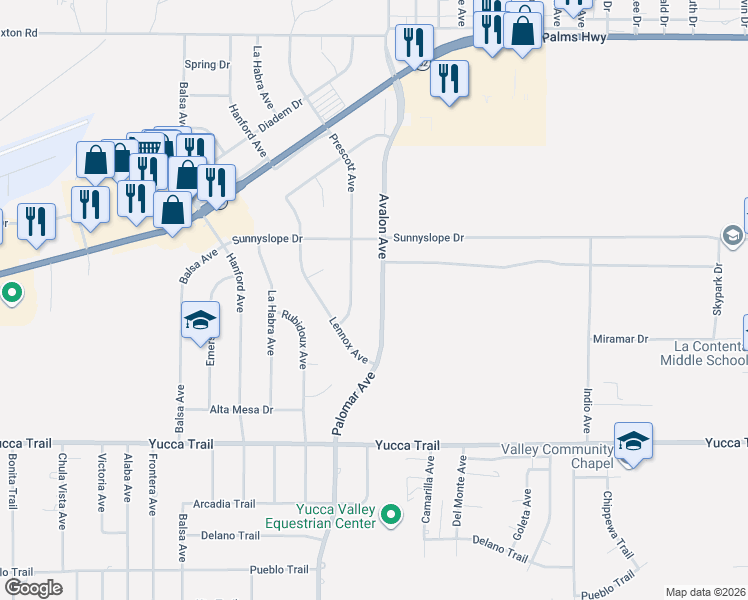 map of restaurants, bars, coffee shops, grocery stores, and more near 7022 Avalon Avenue in Yucca Valley