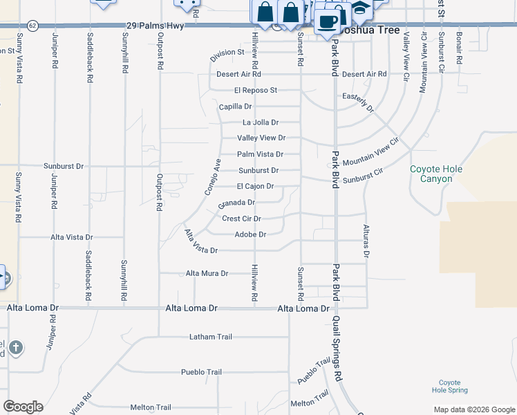 map of restaurants, bars, coffee shops, grocery stores, and more near 61581 Granada Drive in Joshua Tree