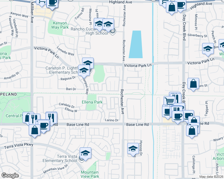 map of restaurants, bars, coffee shops, grocery stores, and more near 11814 Montella Drive in Rancho Cucamonga
