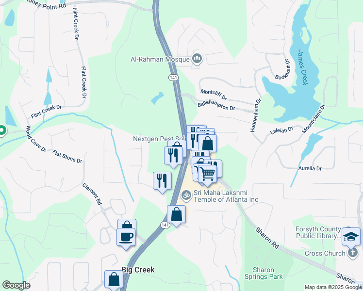 map of restaurants, bars, coffee shops, grocery stores, and more near 1404 Peachtree Parkway in Cumming