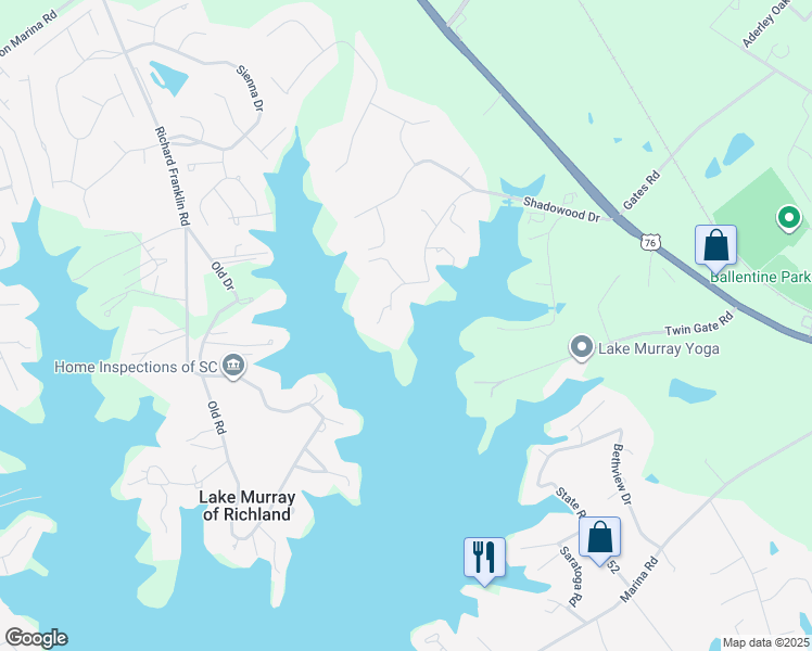 map of restaurants, bars, coffee shops, grocery stores, and more near 551 Shadowood Drive in Irmo