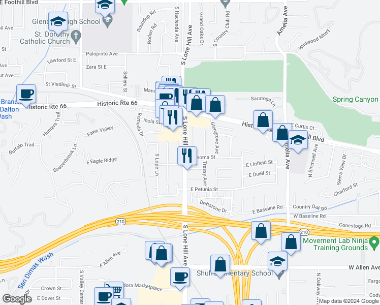 map of restaurants, bars, coffee shops, grocery stores, and more near 739 Scottdale Avenue in Glendora