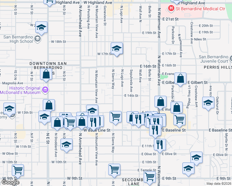 map of restaurants, bars, coffee shops, grocery stores, and more near 1415 North Sierra Way in San Bernardino