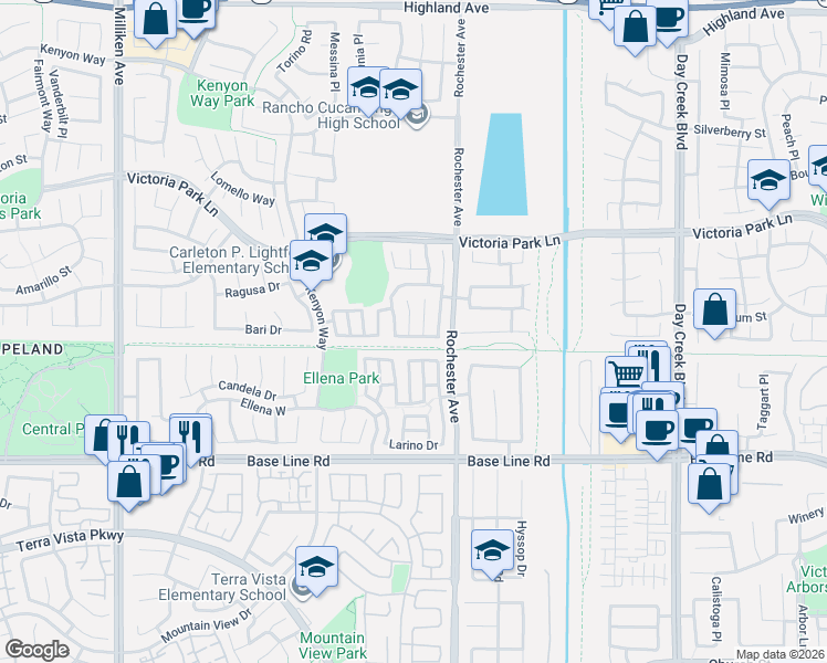 map of restaurants, bars, coffee shops, grocery stores, and more near 7099 Marino Place in Rancho Cucamonga