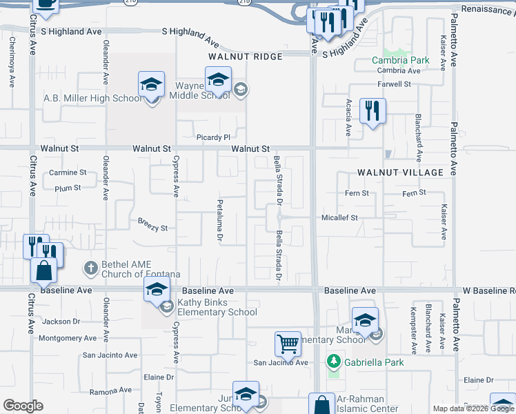 map of restaurants, bars, coffee shops, grocery stores, and more near 16730 Mesa Oak Lane in Fontana