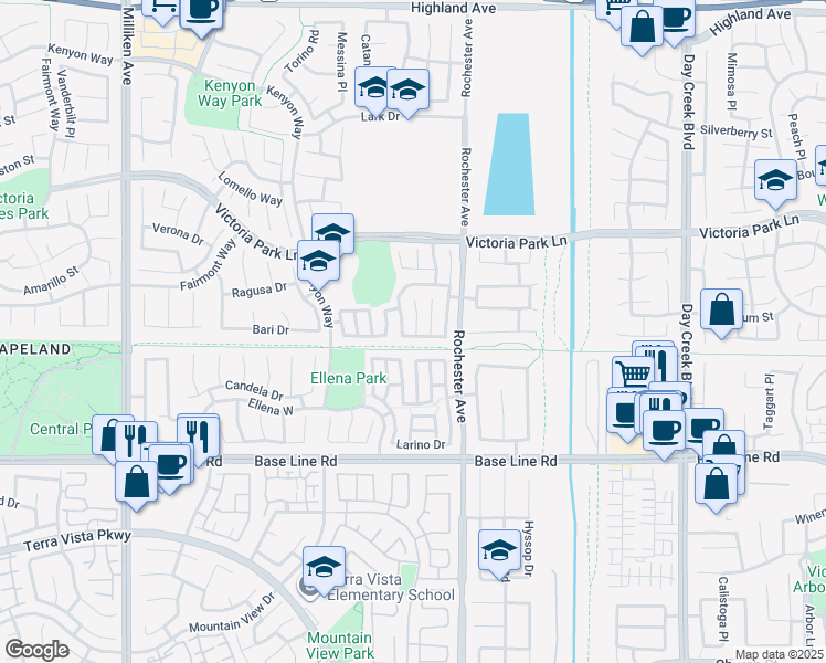 map of restaurants, bars, coffee shops, grocery stores, and more near 11814 Montella Drive in Rancho Cucamonga