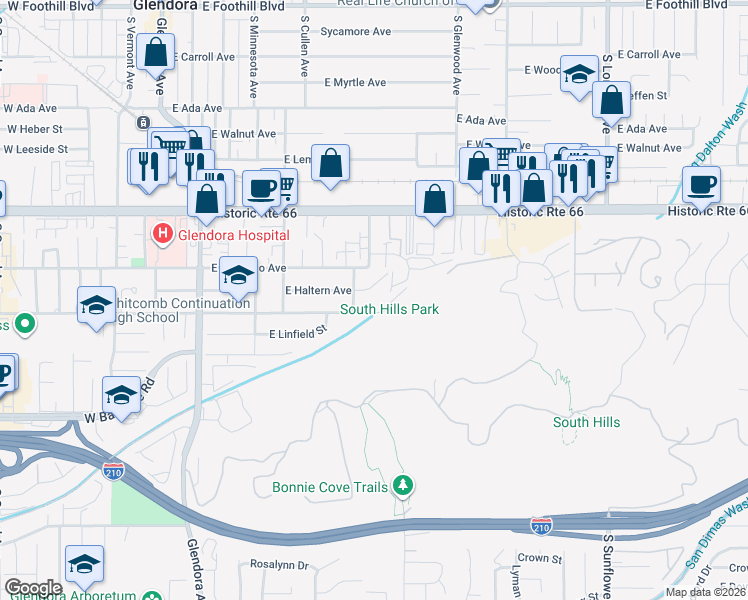 map of restaurants, bars, coffee shops, grocery stores, and more near 701 East Mauna Loa Avenue in Glendora