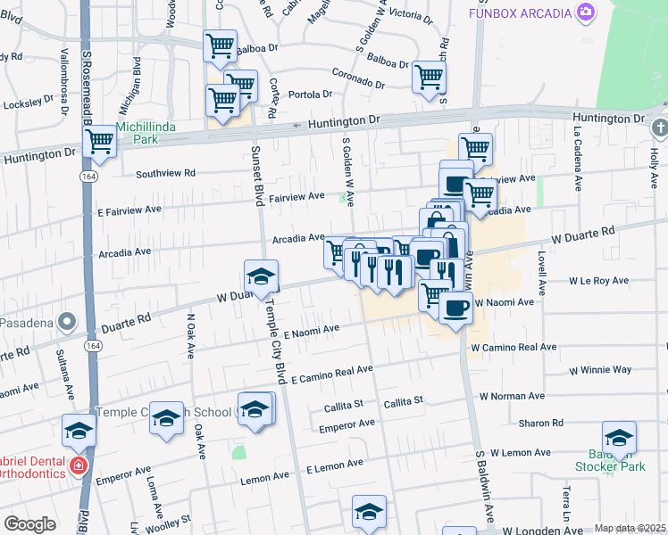 map of restaurants, bars, coffee shops, grocery stores, and more near 969 West Duarte Road in Arcadia