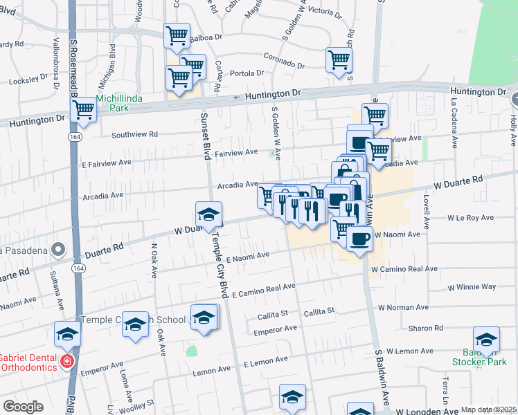 map of restaurants, bars, coffee shops, grocery stores, and more near 969 West Duarte Road in Arcadia