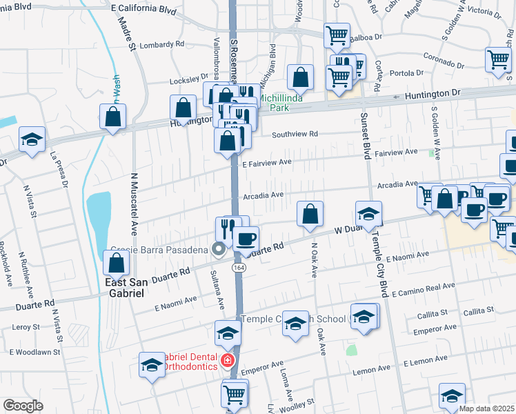 map of restaurants, bars, coffee shops, grocery stores, and more near 9059 East Greenwood Avenue in San Gabriel
