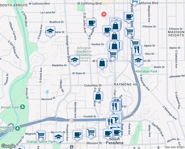 map of restaurants, bars, coffee shops, grocery stores, and more near 1201 Avoca Avenue in Pasadena