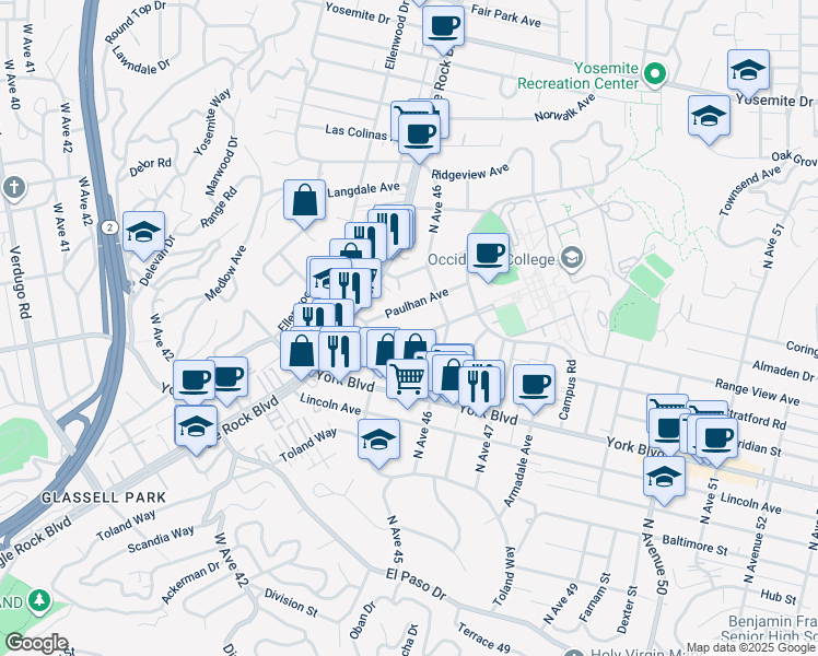 map of restaurants, bars, coffee shops, grocery stores, and more near 1552 Tonawanda Avenue in Los Angeles