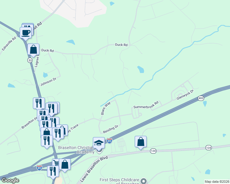 map of restaurants, bars, coffee shops, grocery stores, and more near 562 Reisling Drive in Braselton