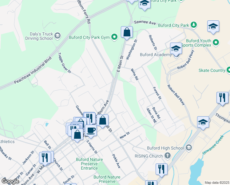 map of restaurants, bars, coffee shops, grocery stores, and more near 5133 Greenard Watson Lane in Buford