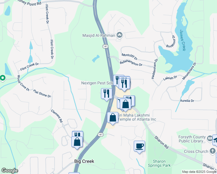 map of restaurants, bars, coffee shops, grocery stores, and more near 1404 Peachtree Parkway in Cumming