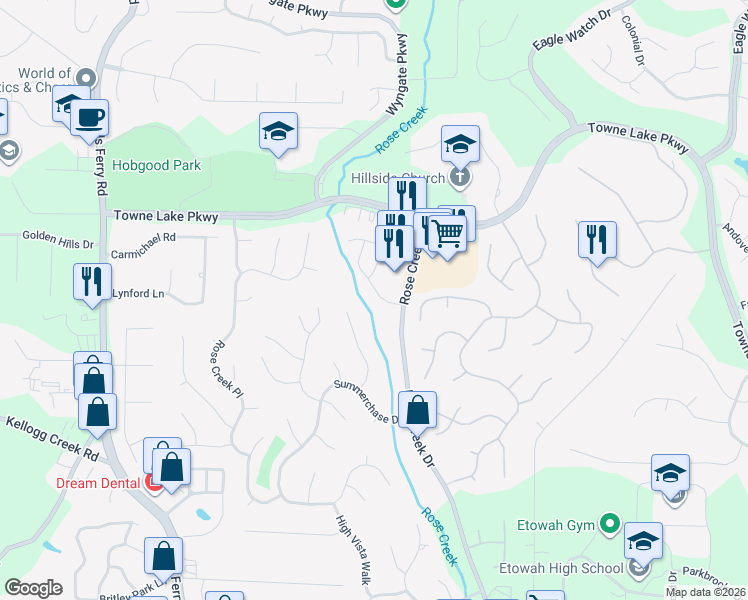 map of restaurants, bars, coffee shops, grocery stores, and more near 101 Grove Park Lane in Woodstock