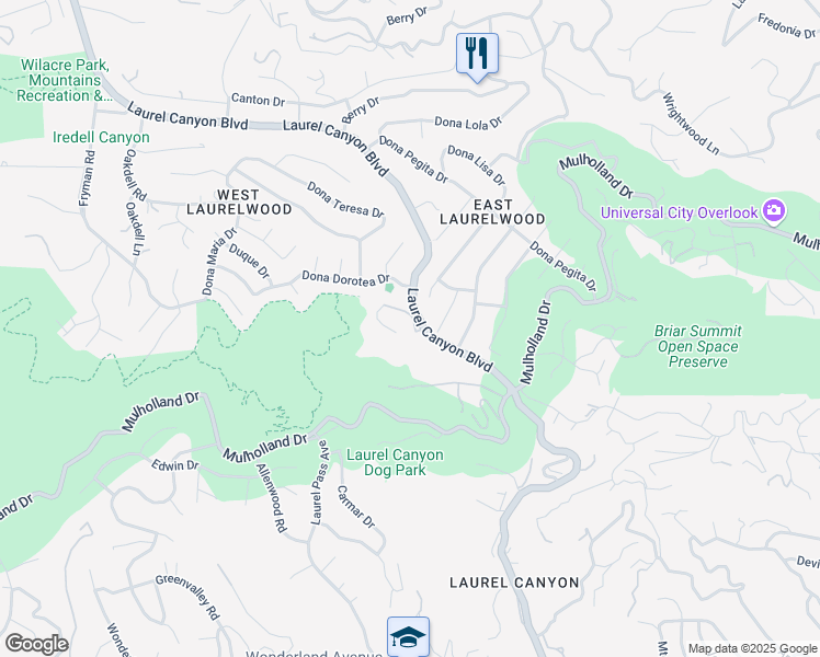 map of restaurants, bars, coffee shops, grocery stores, and more near 11210 Briarcliff Lane in Los Angeles