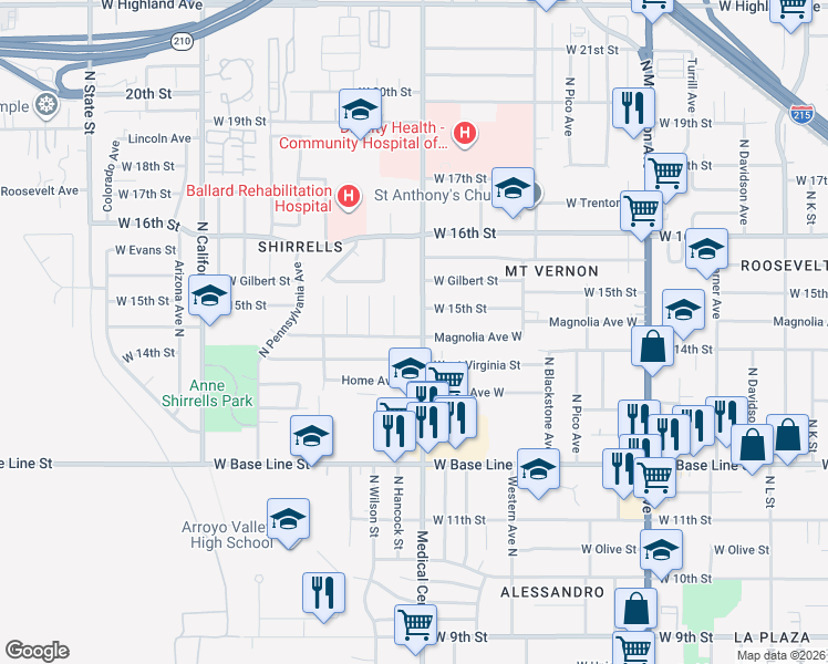 map of restaurants, bars, coffee shops, grocery stores, and more near 1444 Medical Center Drive in San Bernardino