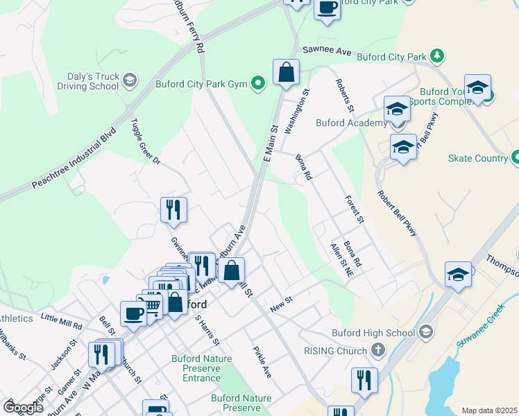 map of restaurants, bars, coffee shops, grocery stores, and more near 5133 Greenard Watson Lane in Buford