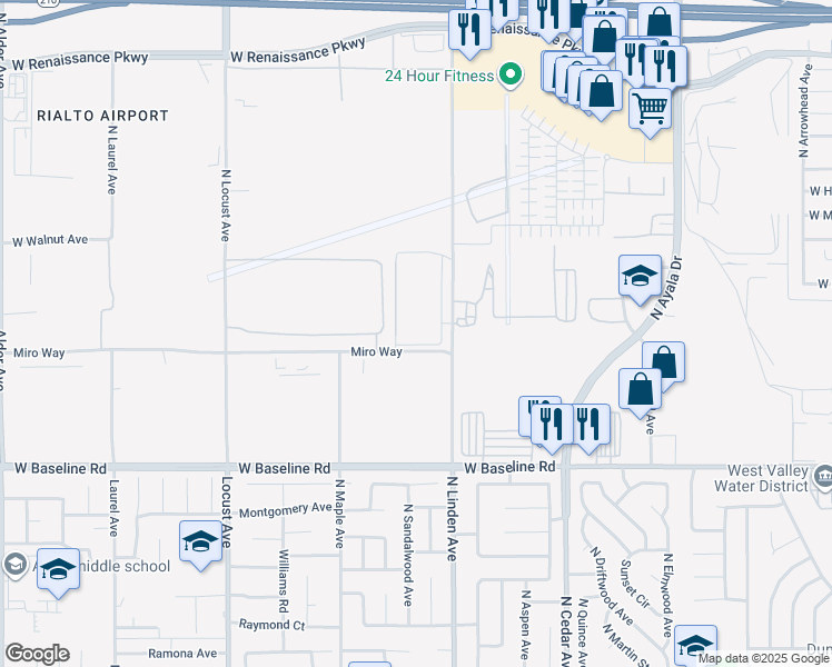 map of restaurants, bars, coffee shops, grocery stores, and more near 1642 Miro Way in Rialto