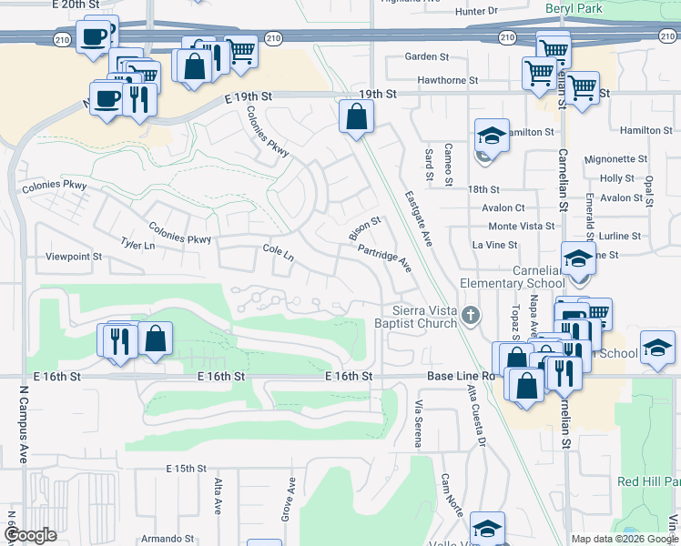 map of restaurants, bars, coffee shops, grocery stores, and more near 1696 Blake Way in Upland