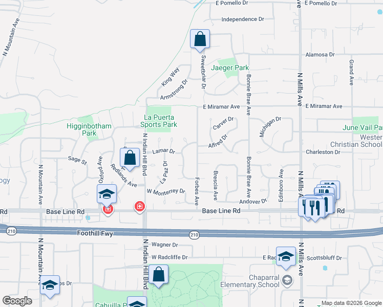map of restaurants, bars, coffee shops, grocery stores, and more near 147 Woodstock Court in Claremont