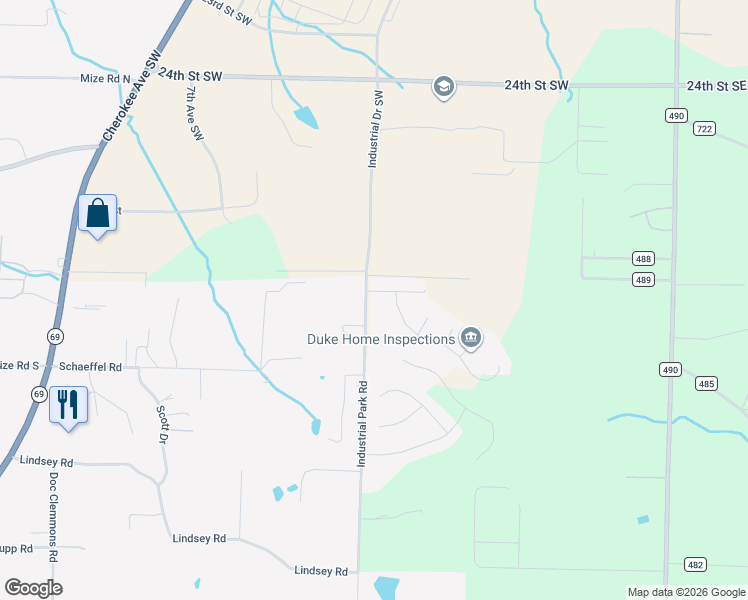 map of restaurants, bars, coffee shops, grocery stores, and more near 565 Industrial Park Road in Cullman