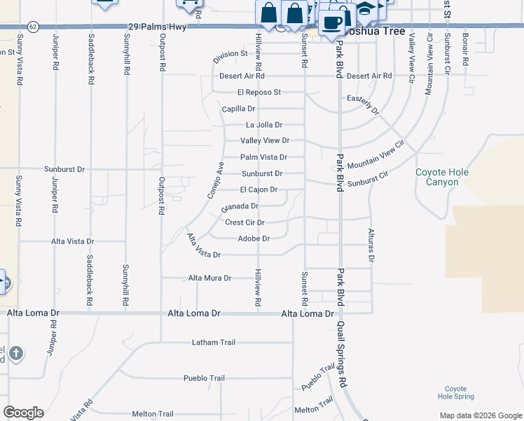 map of restaurants, bars, coffee shops, grocery stores, and more near 61581 Granada Drive in Joshua Tree