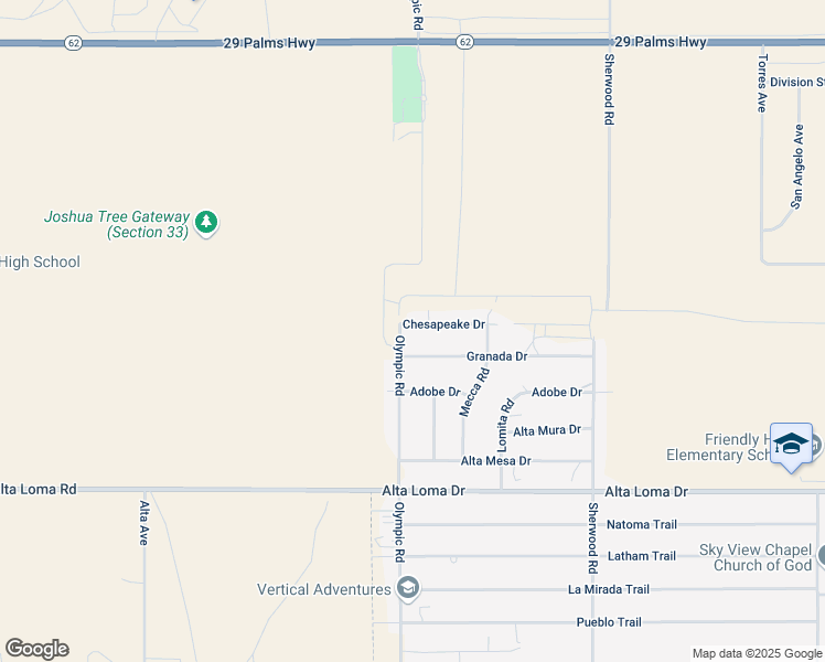 map of restaurants, bars, coffee shops, grocery stores, and more near 60151 Chesapeake Drive in Joshua Tree