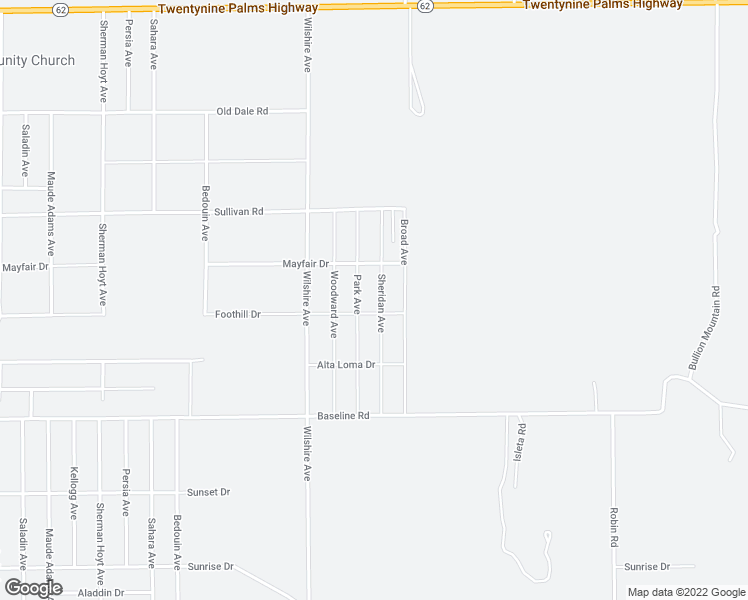 map of restaurants, bars, coffee shops, grocery stores, and more near 7078 Sheridan Avenue in Twentynine Palms