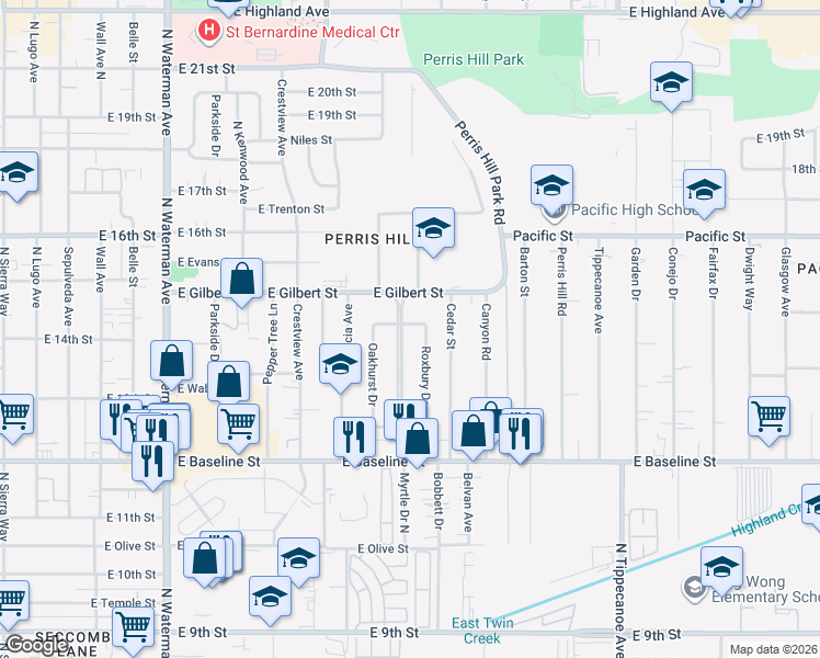map of restaurants, bars, coffee shops, grocery stores, and more near 1423 Windsor Drive in San Bernardino