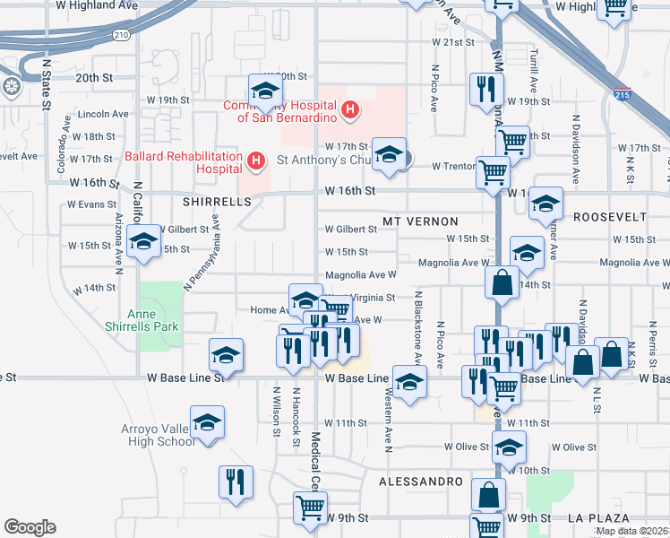 map of restaurants, bars, coffee shops, grocery stores, and more near in San Bernardino