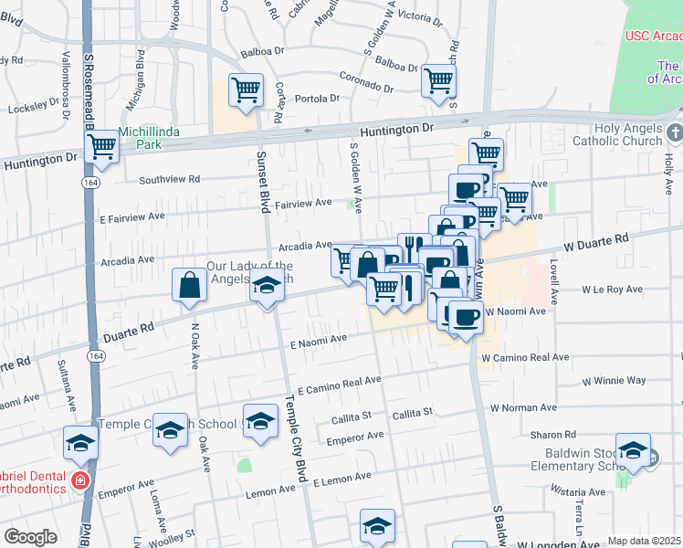 map of restaurants, bars, coffee shops, grocery stores, and more near 923 West Duarte Road in Arcadia