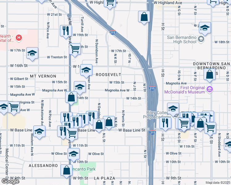 map of restaurants, bars, coffee shops, grocery stores, and more near 1072 West 14th Street in San Bernardino