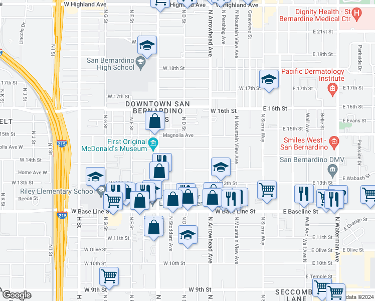map of restaurants, bars, coffee shops, grocery stores, and more near in San Bernardino