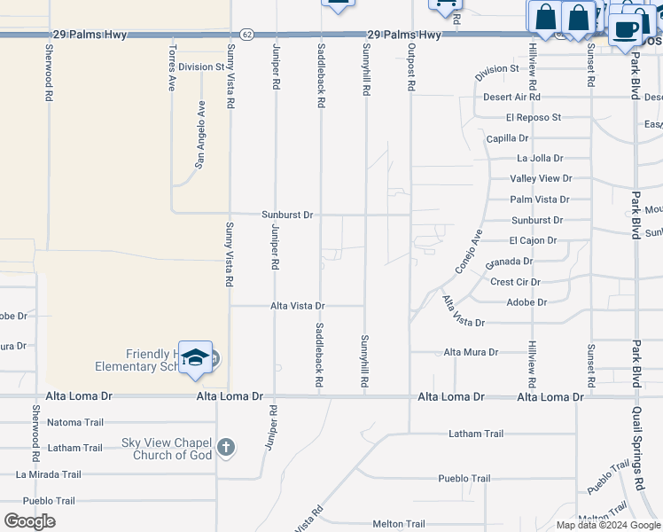 map of restaurants, bars, coffee shops, grocery stores, and more near 7021 Saddleback Road in Joshua Tree