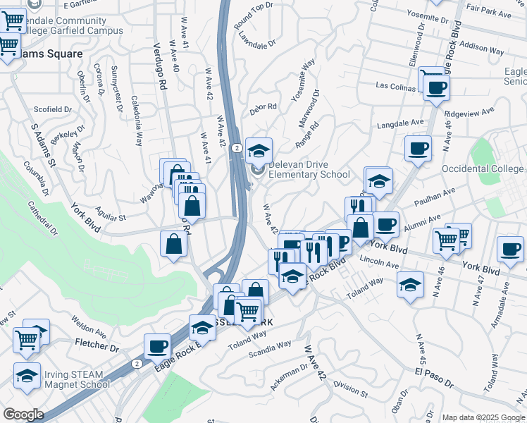 map of restaurants, bars, coffee shops, grocery stores, and more near 4101 West Avenue 42 in Los Angeles