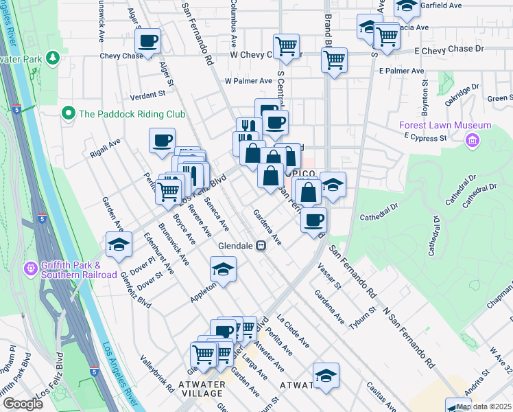 map of restaurants, bars, coffee shops, grocery stores, and more near 400 West Cerritos Avenue in Glendale