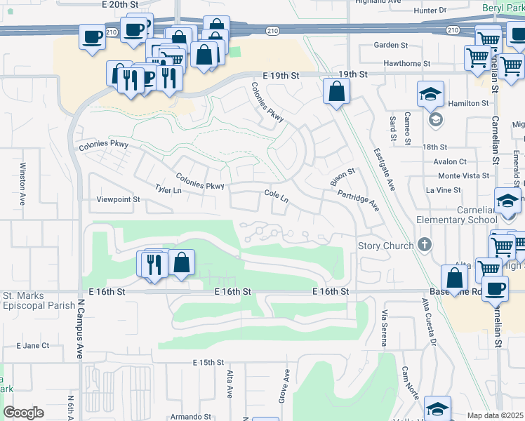 map of restaurants, bars, coffee shops, grocery stores, and more near 1714 Swan Loop East in Upland