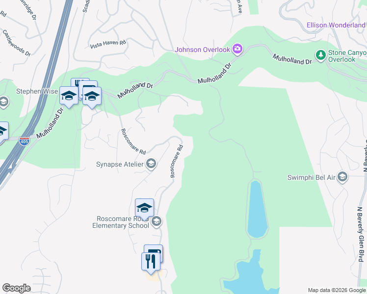 map of restaurants, bars, coffee shops, grocery stores, and more near 2612 Roscomare Road in Los Angeles