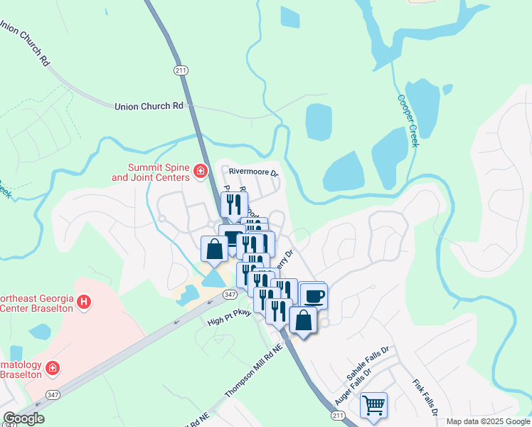 map of restaurants, bars, coffee shops, grocery stores, and more near 6169 Mulberry Park Drive in Braselton
