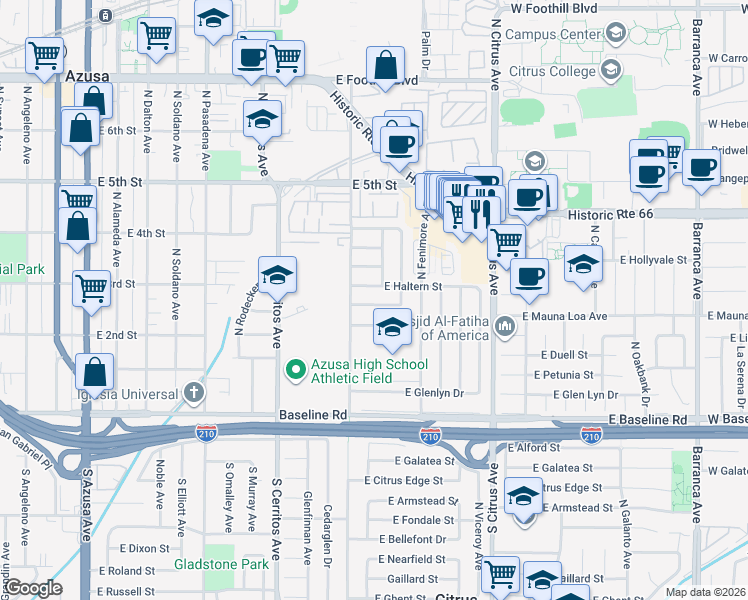 map of restaurants, bars, coffee shops, grocery stores, and more near 721 East Hanks Street in Azusa