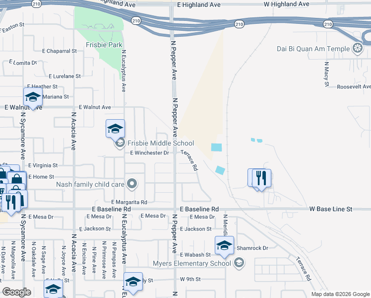 map of restaurants, bars, coffee shops, grocery stores, and more near 900 East Virginia Street in Rialto